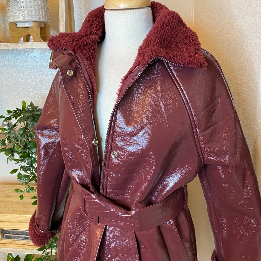 🆕J.O.A Faux Fur Lined tie waist coat in burgundy - Picture 11 of 15